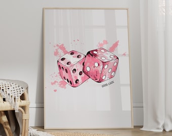 Lucky Dice Poster, Pink Lucky You Wall Art Print, Retro Hand Drawn Dice Poster, Quirky Vintage Wall Art, Trendy Printable Digital Art Prints