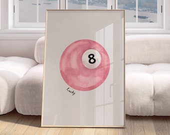 Vintage Pool Ball Print, Lucky 8 Ball Wall Art, Retro Hand Drawn Poster, Pink Pool Ball Poster, Trendy Digital Art Prints, Printable Poster