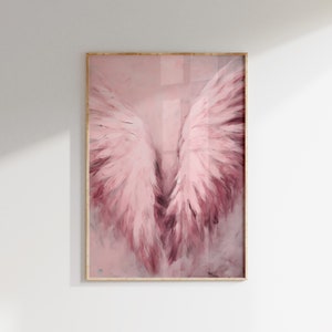 May include: A framed painting of a pair of pink angel wings against a light pink background.