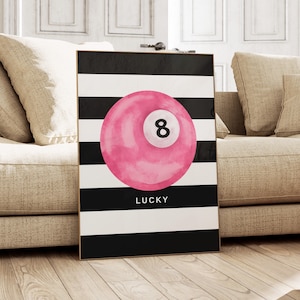 Lucky 8-ball muurkunst, vintage print biljartbal, retro jaren 80 handgetekende gestreepte poster, felroze poster biljartbal, trendy digitale kunst wordt afgedrukt