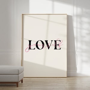 Trendy Love Yourself muurkunst, poster positieve affirmatie citaat, zwart en roze muurkunst, afdrukbare zelfliefde roze muurkunst, digitale prints