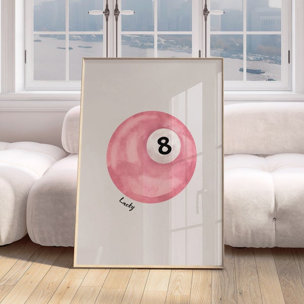 Vintage Pool Ball Print, Lucky 8 Ball Wall Art, Retro Hand Drawn Poster, Pink Pool Ball Poster, Trendy Digital Art Prints, Printable Poster