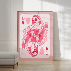 Roze Koningin van Harten Speelkaart Poster, Champagne Cocktail Wall Art Print, Retro Bar Cart Decor, Digitale Prints, Trendy Esthetische Poster