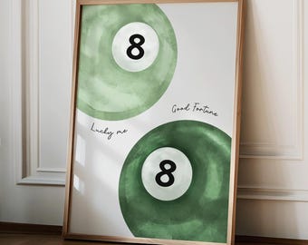 Vintage 8 Ball Print, Lucky Pool Ball Wall Art, Retro Hand Drawn Aesthetic Poster, Emerald Green Pool Ball Poster, Apartment Decor, Wall Art