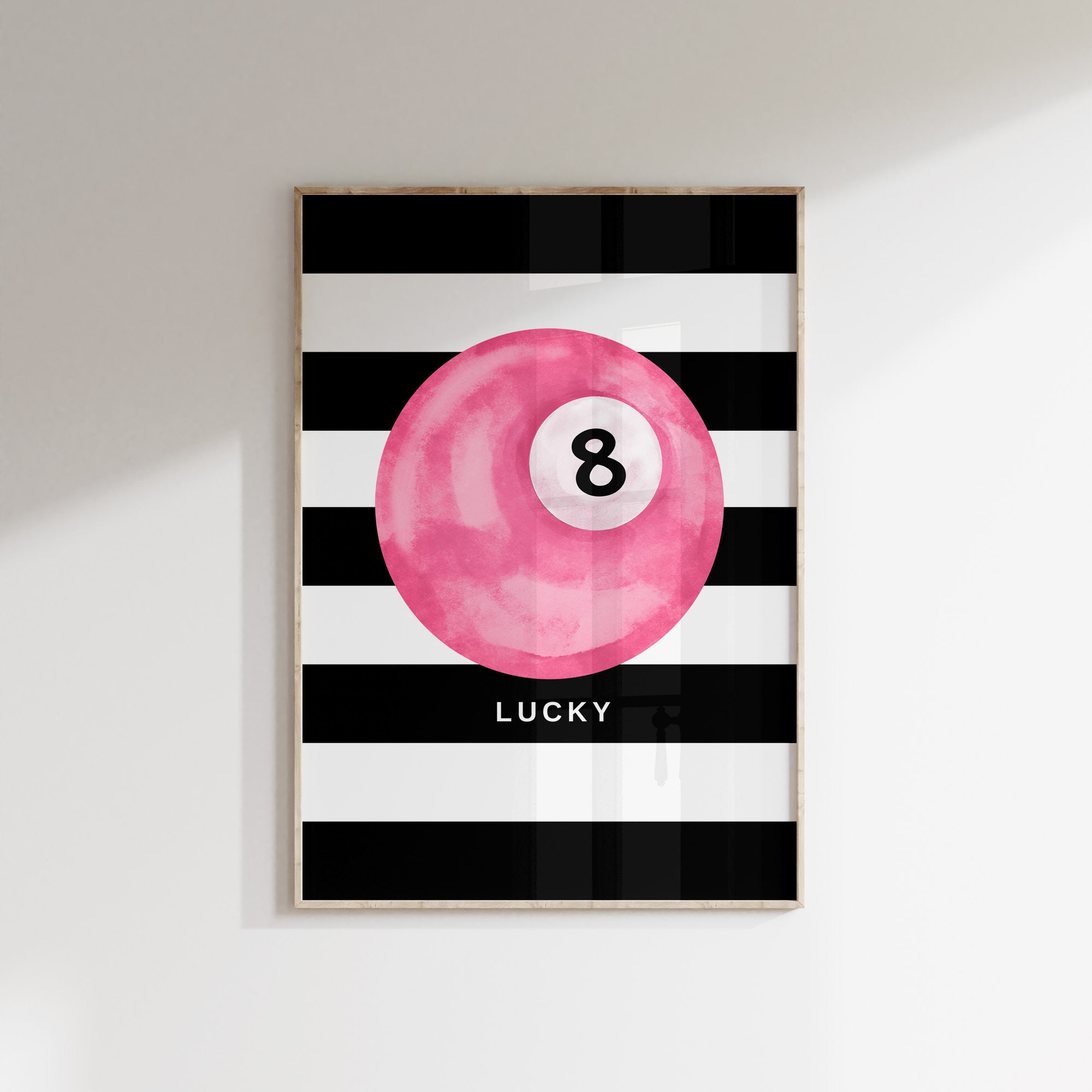 Lucky 8 Ball Wall Art, Vintage Pool Ball Print, Retro 80's Hand