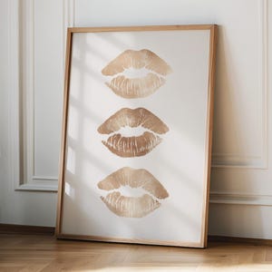 Lips Wall Art, Trendy Home Prints, Girly Wall Art, Aesthetic Dorm Room Decor, Beige Makeup Kiss Poster, Stylish Retro Decor Digital Download