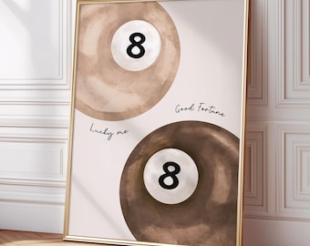 Vintage 8 Ball Print, Lucky Pool Ball Wall Art, Retro Hand Drawn Aesthetic Poster, Beige Pool Ball Poster, Apartment Decor, Neutral Wall Art
