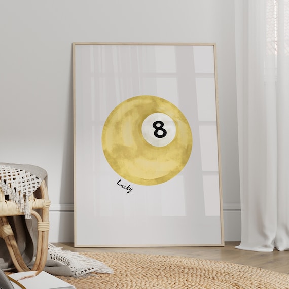 Lucky 8 Ball Wall Art, Vintage Pool Ball Print, Yellow Pool Ball