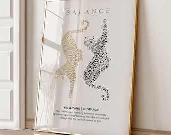 Cheetah Wall Art Print, Retro Gold Wall Decor, Digital Download, Leopard Wall Art, Trendy Art Print, Aesthetic Wall Decor, Yin Yang Poster