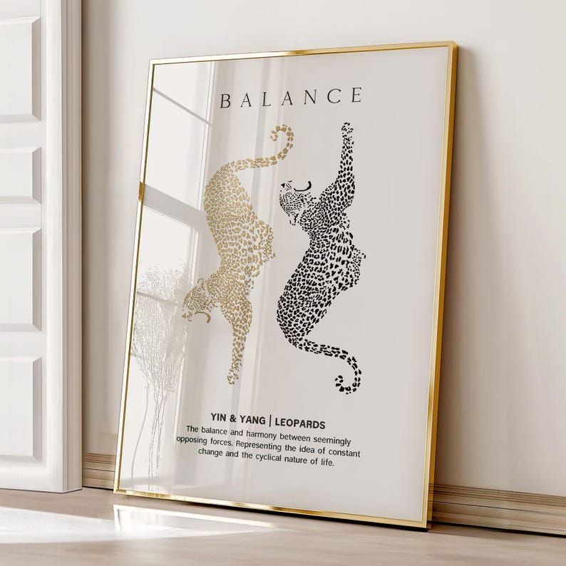 Cheetah Wall Art Print, Retro Gold Wall Decor, Digital Download, Leopard Wall Art, Trendy Art Print, Aesthetic Wall Decor, Yin Yang Poster
