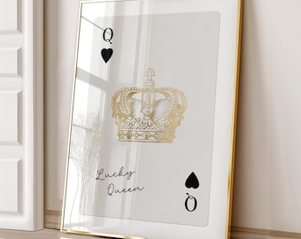 Lucky Queen Of Hearts Print, Retro Playing Card Wall Art, Inspiring Quote Poster, Trendy Gold Aesthetic, Apartment Decor, Digital Download