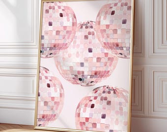 Pink Disco Ball Print, Funky 70s Vintage Aesthetic Print, Mirrorball Poster, Apartment Decor, College Dorm Decor, Trendy Wall Art Posters
