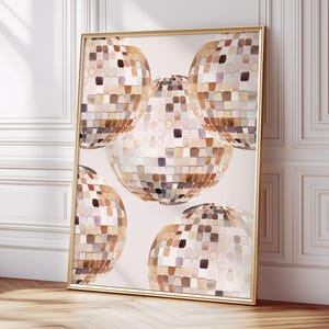 Beige Diskokugel Druck, Funky 70er Jahre Ästhetischer Druck, Spiegelball Poster, Wohnung Dekor, College Wohnheim Dekor, Trendige Poster, Neutrale Wandkunst