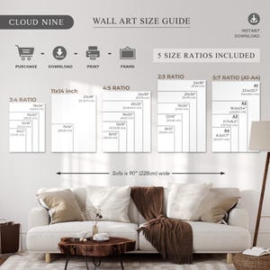 Peut inclure: Un guide des tailles d'art mural avec cinq ratios diff&eacute;rents, y compris 3:4, 11x14 pouces, 4:5, 2:3 et 5:7. Le guide indique les dimensions de chaque ratio en pouces et en centim&egrave;tres, avec des exemples de la fa&ccedil;on dont l'art serait pr&eacute;sent&eacute; sur un canap&eacute; de 90 pouces.