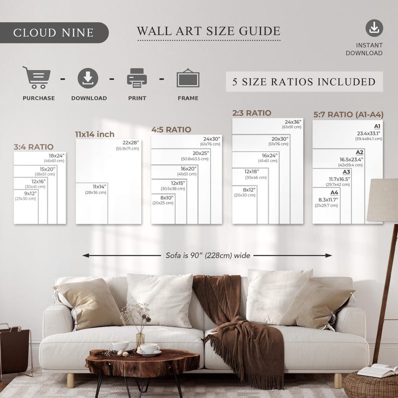 Peut inclure: Un guide des tailles d'art mural avec cinq ratios diff&eacute;rents, y compris 3:4, 11x14 pouces, 4:5, 2:3 et 5:7. Le guide indique les dimensions de chaque ratio en pouces et en centim&egrave;tres, avec des exemples de la fa&ccedil;on dont l'art serait pr&eacute;sent&eacute; sur un canap&eacute; de 90 pouces.