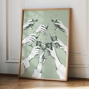 Proost teken, barwagen print, trendy groene retro keuken poster, cheers print, cocktail esthetische kunst aan de muur, decor appartement, digitale download