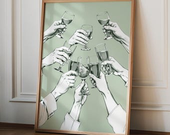 Cheers Sign, Bar Cart Print, Trendy Green Retro Kitchen Poster, Cheers Print, Cocktail Aesthetic Wall Art, Apartment Decor, Digital Download