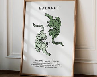 Japanse tijger muurkunst print, retro groene tijgers muur decor, digitale download, trendy muur kunst print, esthetische muur decor, yin yang poster