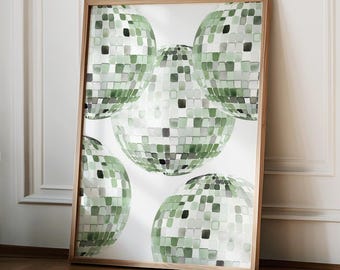 Zielony nadruk Disco Ball, Funky estetyczna grafika z lat 70., plakat Mirrorball, wystrój apartamentu, wystrój akademika, modne plakaty, sztuka ścienna do domu