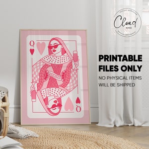 May include: A pink and white illustration of the Queen of Hearts playing card. The Queen is wearing sunglasses and holding a glass of wine. The card has a pink background with white hearts and a checkered pattern.