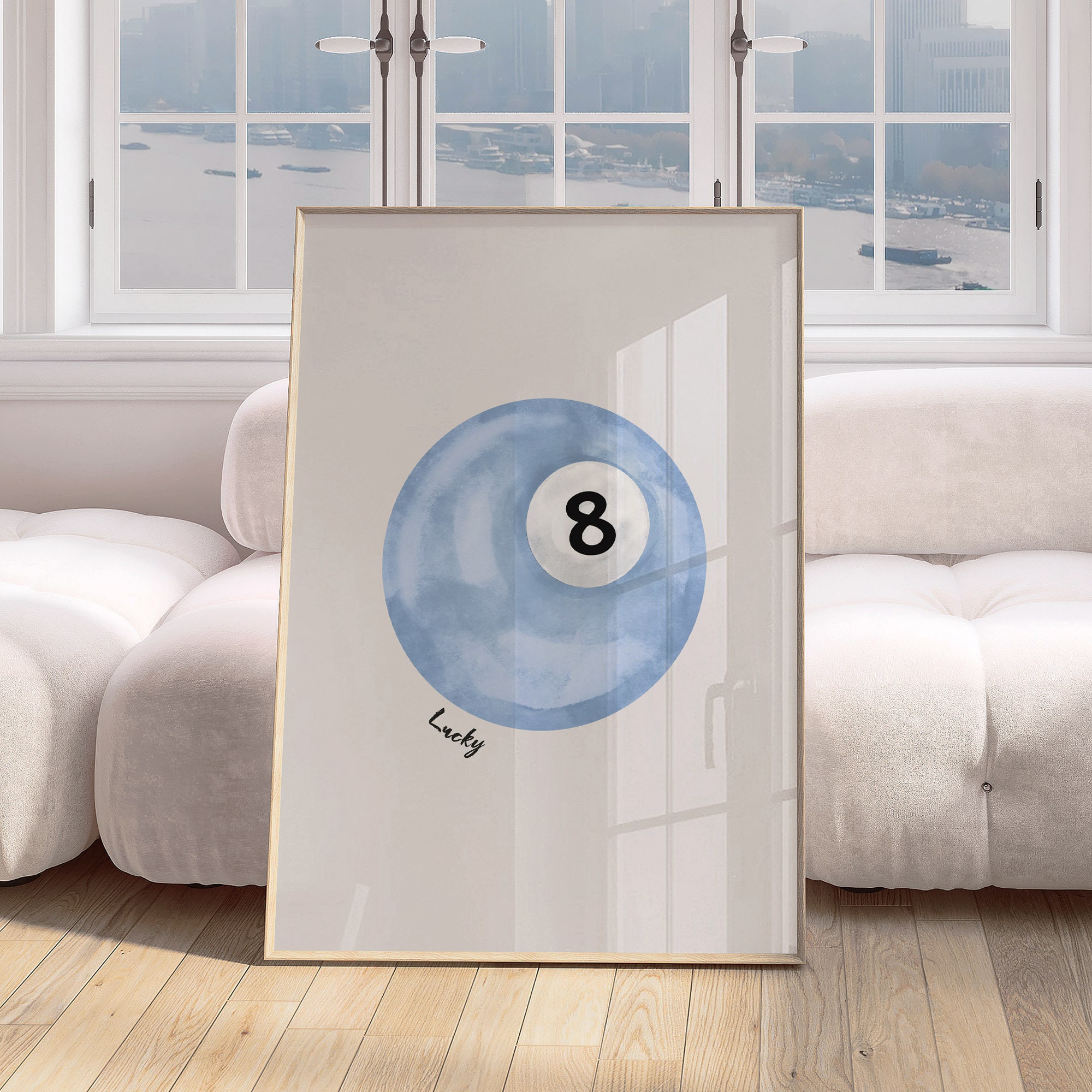 Lucky 8 Ball Wall Art, Vintage Pool Ball Print, Sky Blue Pool Ball