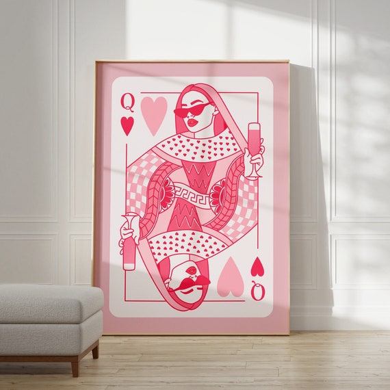 Pink Queen of Hearts Playing Card Poster, Champagne Cocktail Wall Art Print, Retro Bar Cart Decor, Digital Prints, Trendy Aesthetic Poster