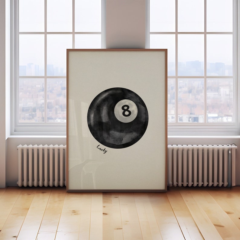 Vintage Pool Ball Print, Lucky 8 Ball Wall Art, Retro Hand Drawn Poster, Black Pool Ball Poster, Trendy Digital Art Prints, Printable Poster