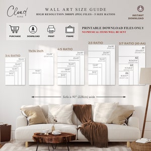 May include: A guide to wall art sizes with five different aspect ratios. The guide shows the dimensions of each ratio in inches and centimetres. The guide also includes a sofa that is 90 inches wide to help visualise the size of the art.