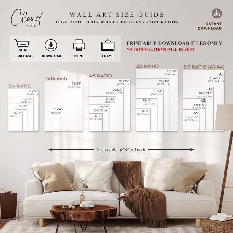May include: A guide to wall art sizes with five different aspect ratios. The guide shows the dimensions of each ratio in inches and centimetres. The guide also includes a sofa that is 90 inches wide to help visualise the size of the art.