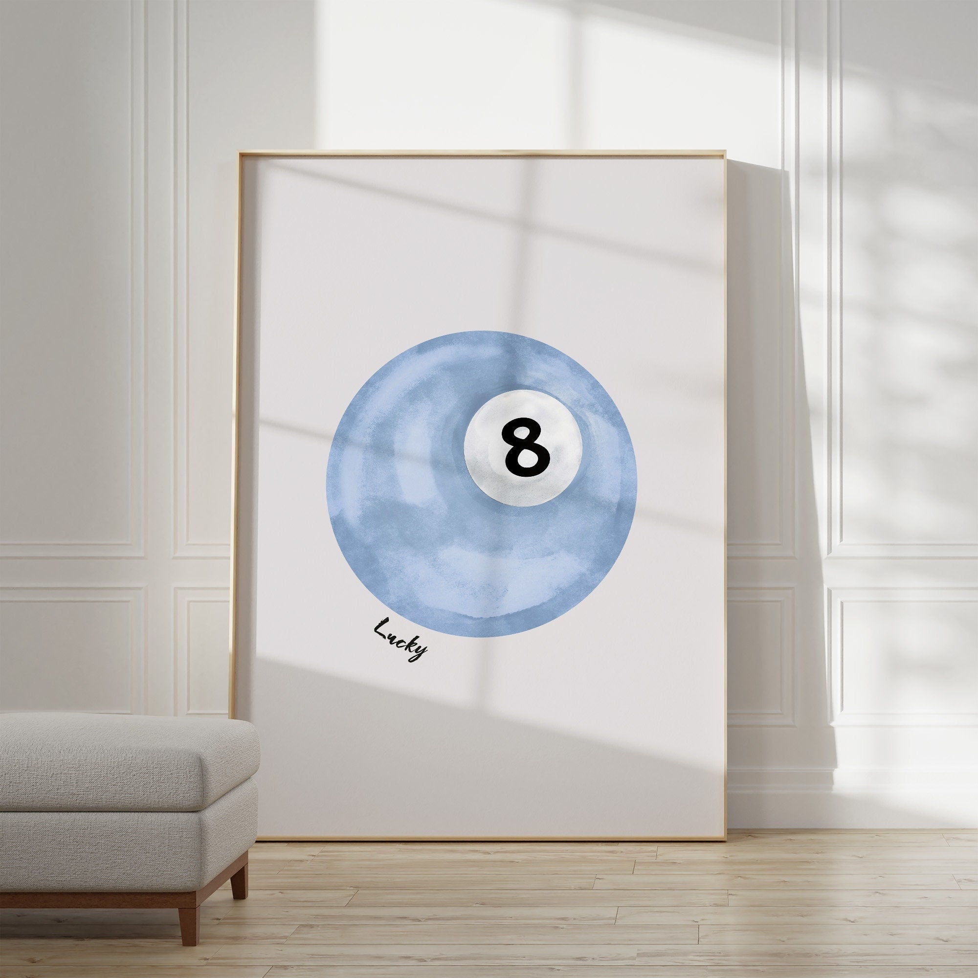 Lucky 8 Ball Wall Art, Vintage Pool Ball Print, Sky Blue Pool Ball