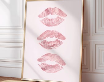 Lips Wall Art, Trendy Home Prints, Girly Wall Art, Aesthetic Dorm Room Decor, Pink Makeup Kiss Poster, Stylish Retro Decor Digital Download