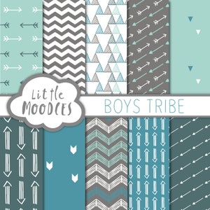May include: A set of 10 digital paper patterns in blue, gray, and white featuring geometric designs like arrows, triangles, and chevrons. The text "Little Moodces Boys Tribe" is included in the image.