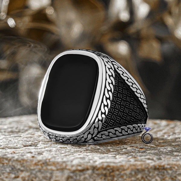 Solid 925 Sterling Silver Custom Cut Black Onyx Stone Chain Design Turkish Men's Ring