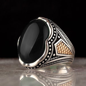 Solid 925 Sterling Silver Turkish Handmade Oval Onyx Men's Ring