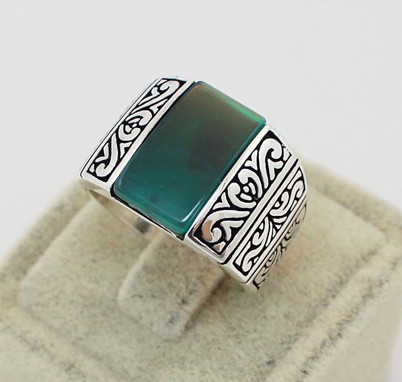 Solid 925 Sterling Silver Green Agate Stone Turkish Men's Ring Solid 925 Sterling Silver Green Agate Stone Turkish Men's Ring