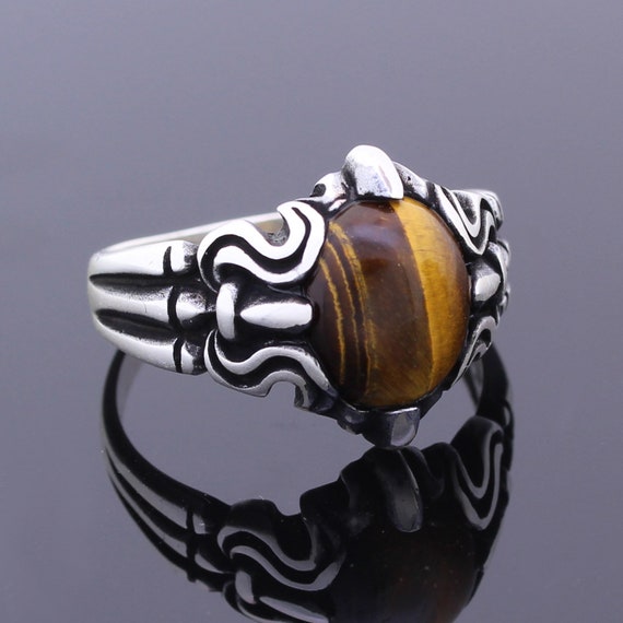 Solid 925 Sterling Silver Tiger's Eye Stone Men's Ring | Etsy