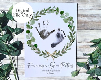 PDF File - Minimalist leaf wreath first footprint baby art, newborn garland personalised nursery decor print, keepsake gift baby shower