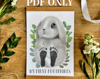 Baby&#39;s erster Fußabdruck Hase Kaninchen Druck, einzigartiger Baby-Fußabdruck, personalisierter Baby-Andenken, Baby-Häschen Kinderzimmer Kunst