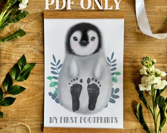 PDF File Baby’s erster Fußabdruck Pinguin Druck, Footprint Art, personalisiertes Baby-Andenken, Pinguin-Kinderzimmer-Kunst