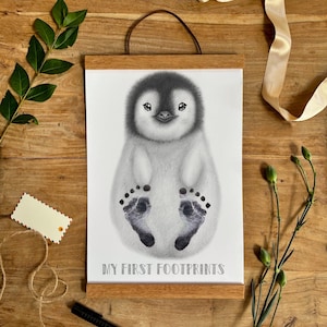 Baby’s First Footprint Pencil Penguin Print, Footprint Art, Personalised Baby Keepsake, Penguin Nursery Art
