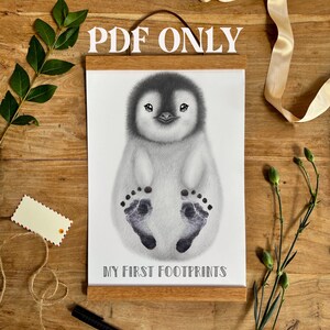 PDF File Baby’s First Footprint Pencil Penguin Print, Footprint Art, Personalised Baby Keepsake, Penguin Nursery Art