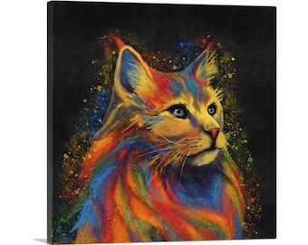 May include: A colorful abstract painting of a cat's head with a black background. The cat's fur is painted in shades of red, orange, yellow, blue, and green. The cat's eyes are blue and the nose is pink.