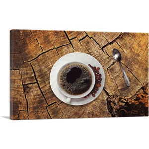 ARTCANVAS Coffee on Wooden Table Coffee Shop Decor Canvas Art Print