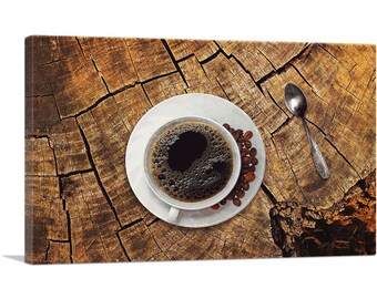 ARTCANVAS Coffee On Wooden Table Coffee Shop Decor Canvas Art Print