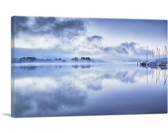 ARTCANVAS Foggy Lake with Boats Home Decor Rectangle Canvas Art Print
