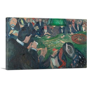 May include: A painting depicting a scene at a casino. The painting is done in a style reminiscent of Expressionism, with bold colors and brushstrokes. The painting shows a group of people gathered around a green felt table, playing a game of chance. The table is covered in green felt and has a roulette wheel in the corner. The people in the painting are dressed in formal attire and appear to be engrossed in the game. The painting is set in a dimly lit room, with a single light source illuminating the table. The painting is a vibrant and dynamic depiction of the excitement and energy of a casino.