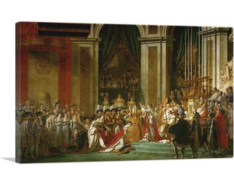 May include: A large, detailed painting depicting a historical scene. The painting shows a man in a red and gold robe being crowned by another man in a white robe. There are many other people in the painting, all dressed in formal attire. The painting is set in a large, ornate room with high ceilings and columns.