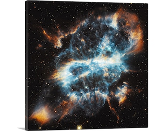 May include: A vibrant nebula in space, with swirling blue and orange hues. The nebula is surrounded by a field of stars.