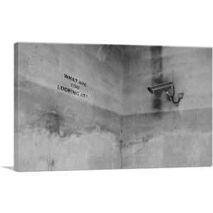 May include: A black and white photo of a security camera mounted on a concrete wall. The camera is pointed towards the viewer. The text "WHAT ARE YOU LOOKING AT?" is spray painted on the wall.
