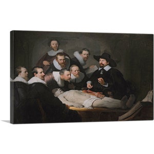May include: A painting depicting a group of men gathered around a table, observing a dissection of a human body. The scene is lit by a single light source, casting shadows on the figures and the table. The men are dressed in dark clothing, and their faces are illuminated by the light. The painting is a powerful and evocative depiction of the human body and the scientific study of anatomy.